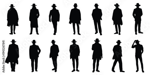 Silhouettes of men in trench coats and hats in various stances