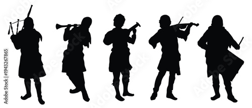 Silhouettes of musicians playing traditional instruments, capturing folk music essence
