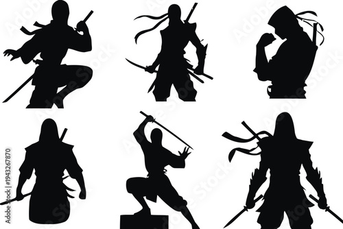 Silhouettes of ninjas in action poses with swords