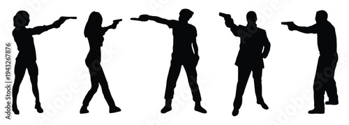 Silhouettes of people aiming handguns in various poses depicting action adventure and danger