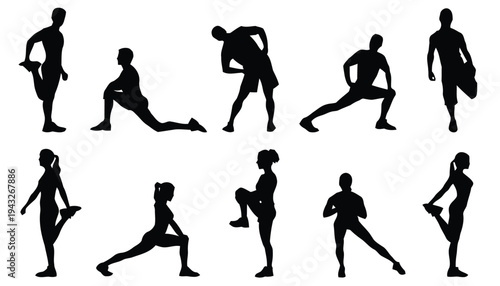 Silhouettes of people doing various stretching exercises