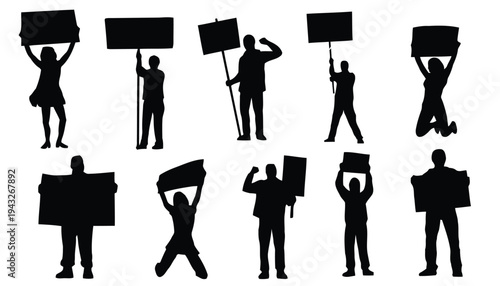 Silhouettes of people holding signs protest demonstration vector illustration