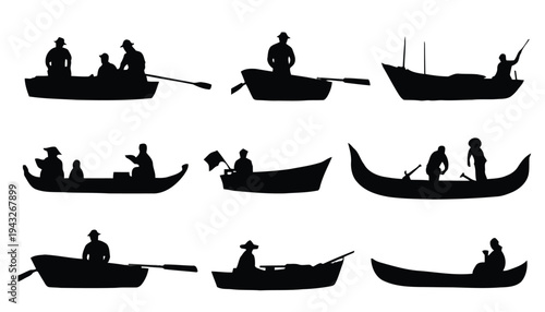 Silhouettes of people in boats engaged in various activities on water