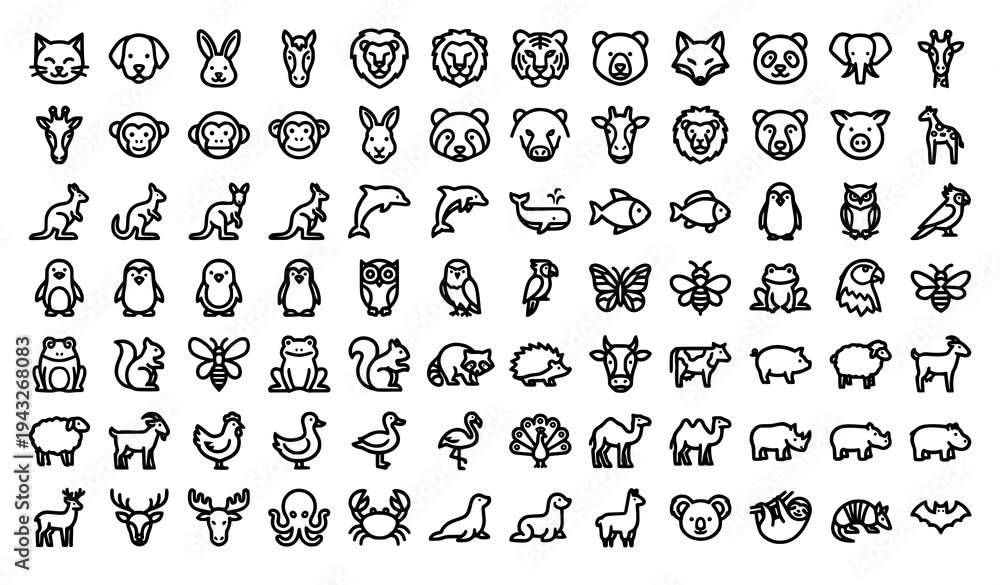 Naklejka premium 60 Black and White Animal Icons Vector Set for Minimalist, Flat, and Line Design
