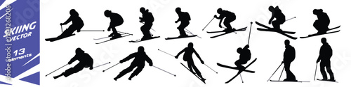 Silhouettes of skiers in action on snow slopes