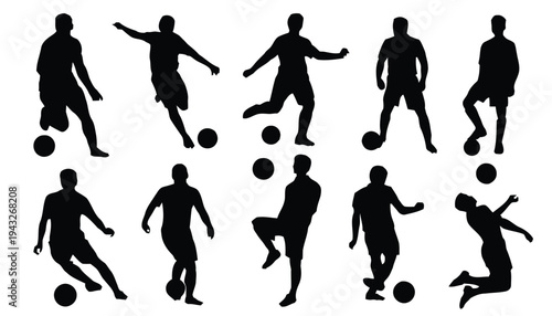 Silhouettes of soccer players with ball in action poses vector graphics