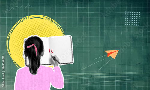 Creative halftone pop art collage. A schoolgirl in a pink blouse writes notes with a pen in a notebook against the background of a chalk-stained blackboard. Vector