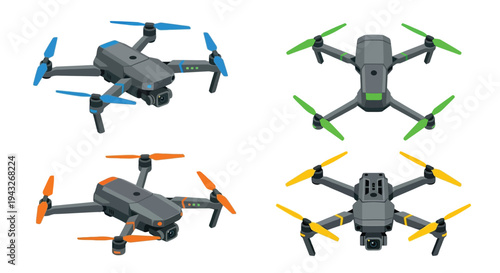 Isometric view of colorful drones with varying propeller designs