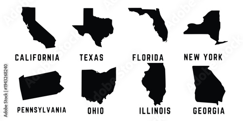 Silhouettes of US states California Texas Florida New York Pennsylvania Ohio Illinois Georgia