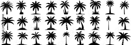 Silhouettes of various palm trees on small islands or grassy mounds