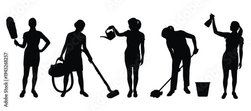 Silhouettes of women performing household chores using cleaning tools