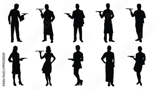 Silhouettes of waiters and waitresses serving food on trays