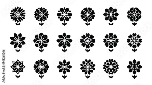 Geometric Floral Forms: An array of intricate geometric flower shapes, each a unique expression of symmetry and design, offering a versatile resource for various creative projects.