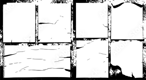 Frames grunge set with cracked texture and black border, damaged backgrounds featuring distressed, worn, old with