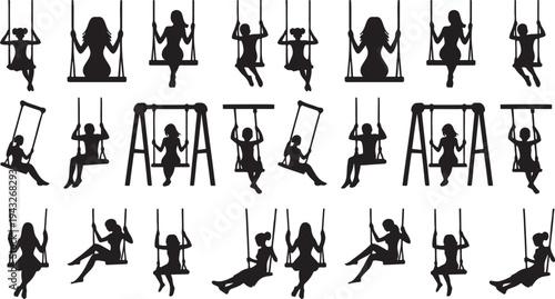 Silhouettes of women swinging on swings in various poses on a transparent background