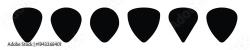 Six guitar pick shapes with pointed and rounded edges on white background