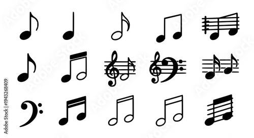Music notes icon set with various black musical symbols and signs featuring note, icons, note icons with vector and