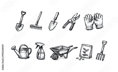 Sketch art garden tools and equipment icons set isolated on white background