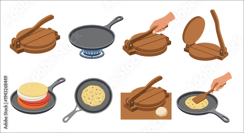 Tortilla press set with griddle and finished tortillas displayed digitally