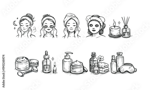 Skincare and beauty routine illustrations, spa and self-care products