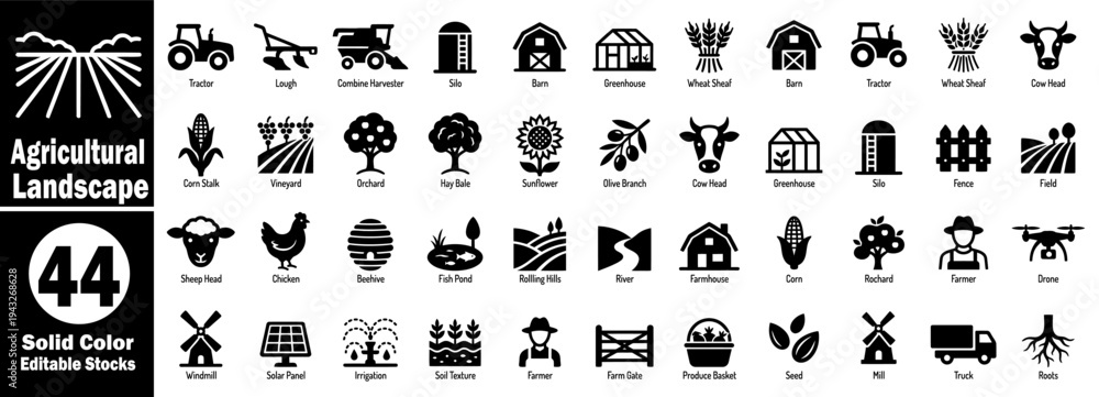 Fototapeta premium Agricultural Landscape icons set. Farming solid vector icons set for the agricultural industry and crops vector illustrator.