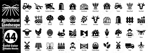 Agricultural Landscape icons set. Farming solid vector icons set for the agricultural industry and crops vector illustrator.