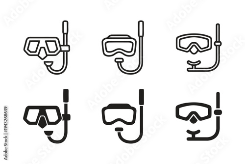 Snorkel mask and tube icons outline and solid fill for diving