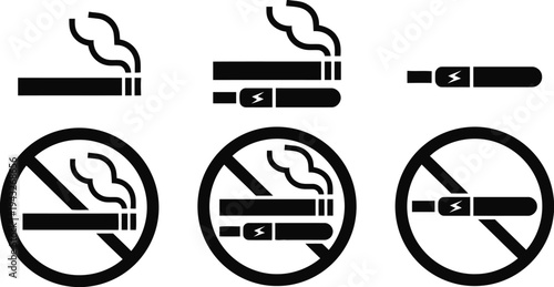 Smoking and vaping prohibition icons set with black and white symbols