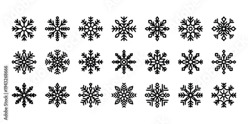 Snowflake icons set representing winter season frost and cold weather elements in various designs