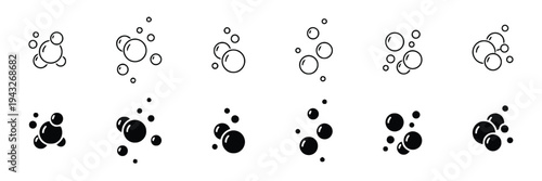 Soap bubbles and water foam icons in line and solid styles for hygiene