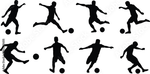 Soccer player silhouettes in action kicking ball during game dynamic poses