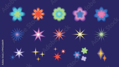 Colorful star and flower shapes on a dark background. Bright star and flower designs. Vibrant star and flower patterns. Decorative star and flower elements. Cute glowing element set vector.