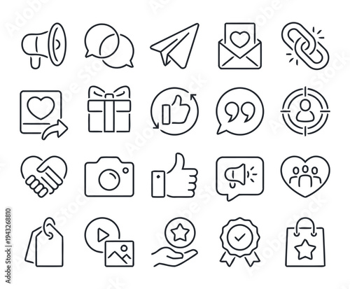 Social media marketing icons collection featuring linear symbols for communication engagement network sharing and digital advertising strategy
