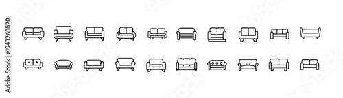 Sofa and couch icons of furniture types for living room and home interior design