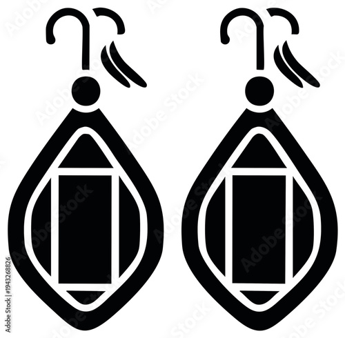 Pair of Black Ethnic Earrings with Hook Hangers, Vector Illustration