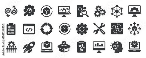 Software development and agile project management icons set for technology business