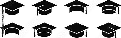 Solid black graduation cap icon collection for academic achievement and success