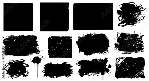 Squares grunge brush strokes set with black ink splatters and rough textures on white background featuring abstract,