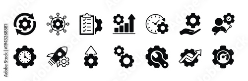 Solid black glyph icons for business process management and industrial automation systems with gear symbols