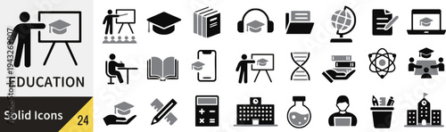 Solid icons for education, learning, and academic subjects