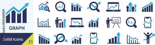 Solid icons set representing financial graphs and business growth analysis charts
