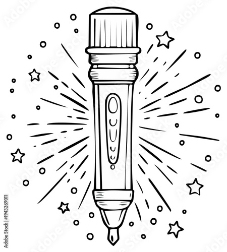 Retro Microphone Illustration with Starburst and Star Embellishments in Black and White
