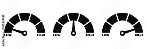 Speedometer icons illustrating low to high levels of performance, speed, or measurement