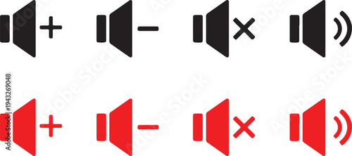 Sound volume icons in black and red, showing adjustments and mute status