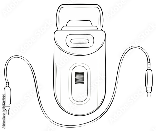 Outline illustration of a portable nebulizer with mask and cord for breathing assistance and respiratory treatment
