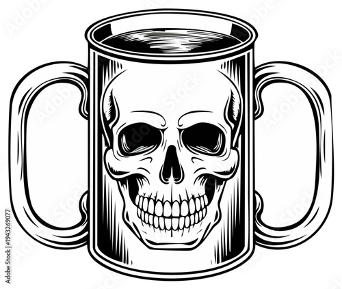 Illustration of a double handled mug featuring a detailed skull graphic and dark liquid