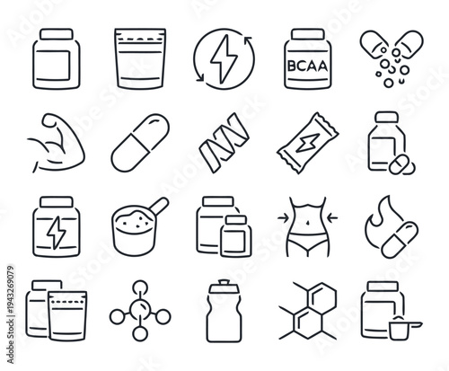 Sport supplement line icons set for fitness and bodybuilding nutrition products