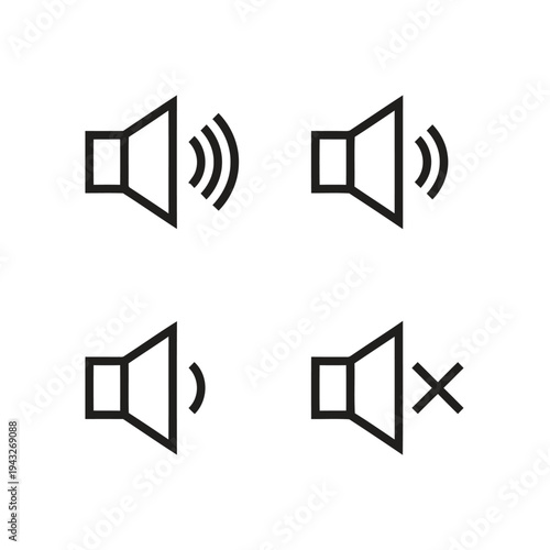 Sound volume icons outline and filled four variants of speaker symbol representing different sound levels