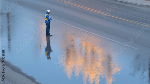 Ein Ingenieur führt eine Inspektion der Regenwasserinfrastruktur durch, wobei er Reflexionen auf nasser Straße und Sensordaten erfasst.