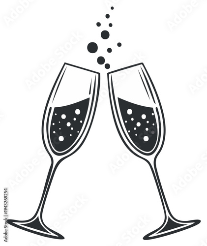 Two champagne glasses clinking with bubbles rising against a white background